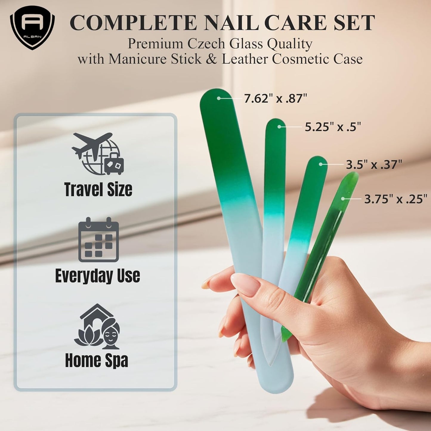 Alban Czech Glass Nail File Parent (Green & Green Manicure, 5, Count, 180/240 Grit)