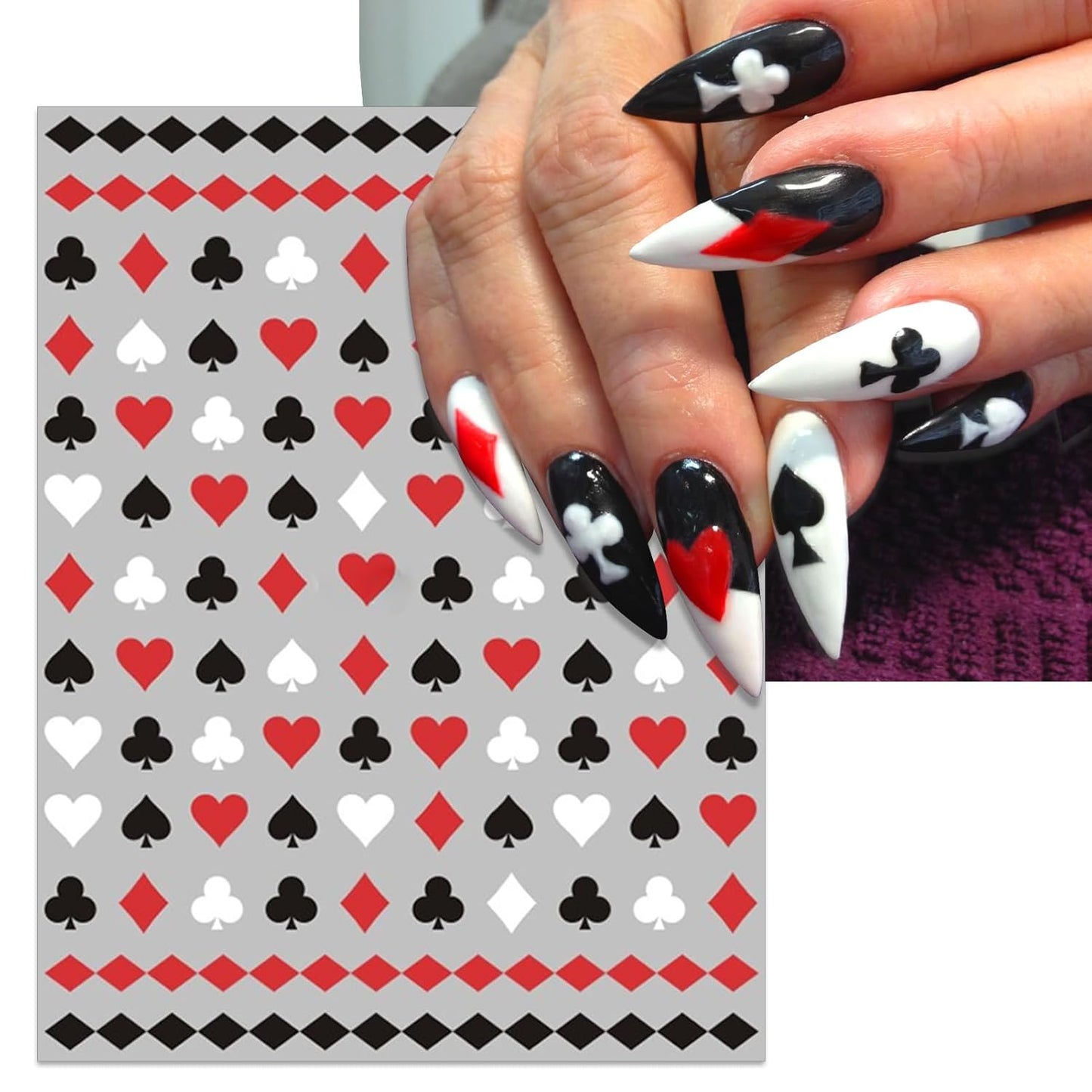 8 Sheets Poker Nail Art Stickers - Playing Card & Vegas Casino Theme Self-Adhesive 3D Nail Decals for DIY Slot Machine Winner Manicure