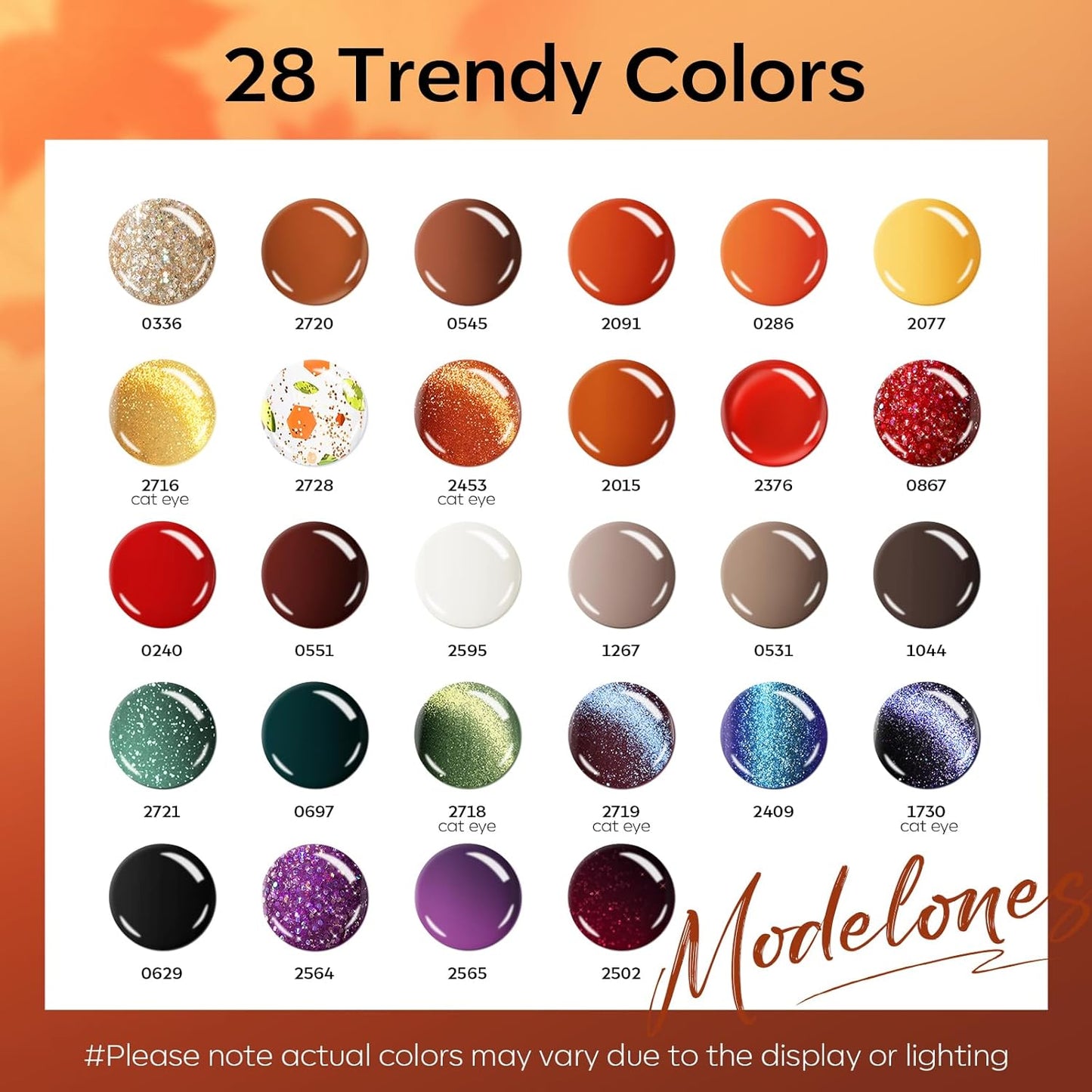 Modelones 32 PCS Fall Gel Nail Polish Kit, 28 Colors Cat Eye Glitter Brown Red Orange Gel Polish with Base Coat, Glitter & Glossy & Matte Top Coat Soak Off LED Nail Art Kit Salon at Home