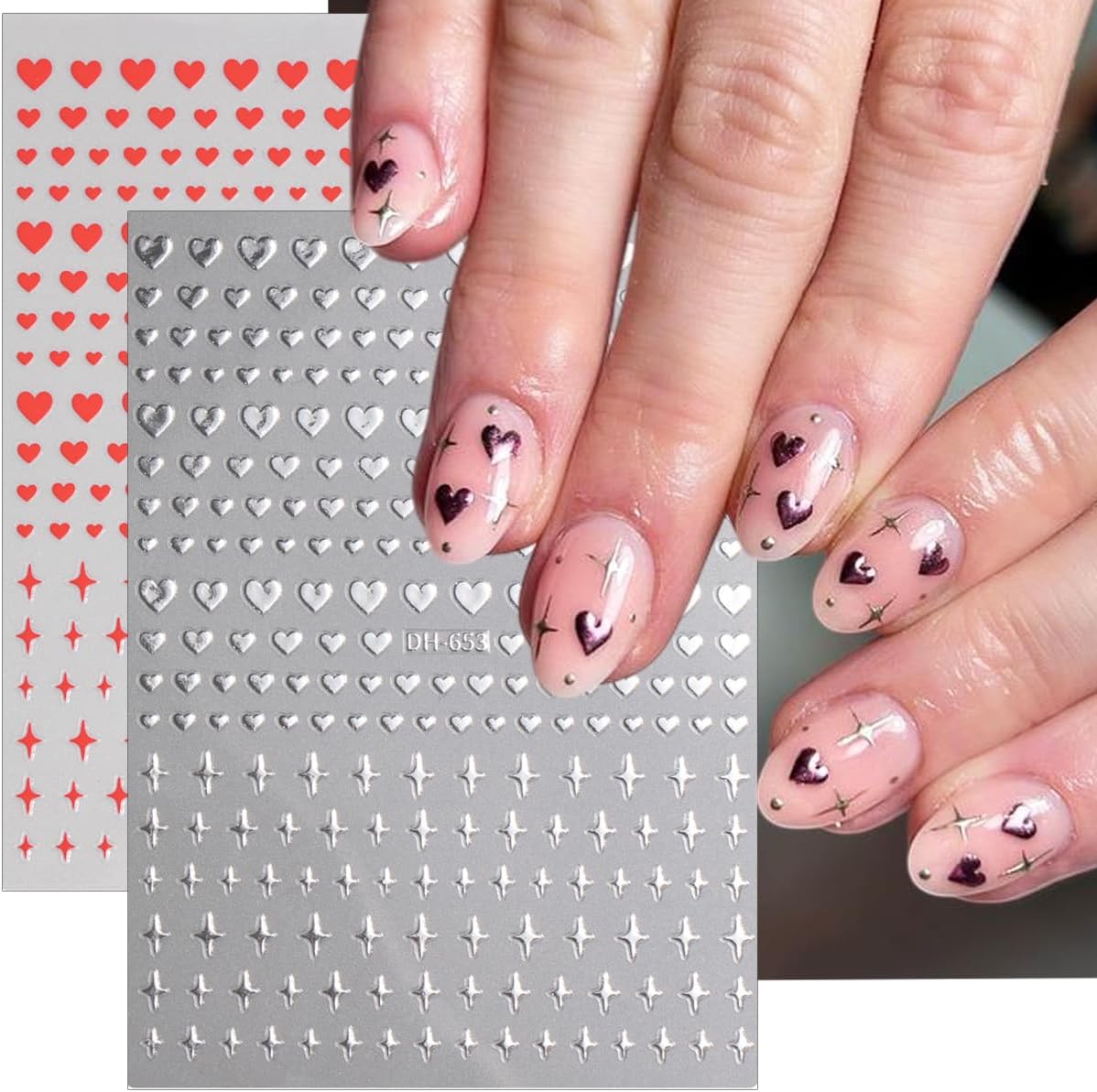 6Sheets Heart Nail Art Stickers, Hearts Stars Nail Decals for Women Valentines Nail Art Supplies 3D Black White Gold Silver Blue Red Heart Stickers for Nails Design Sticker DIY Manicure Decoration