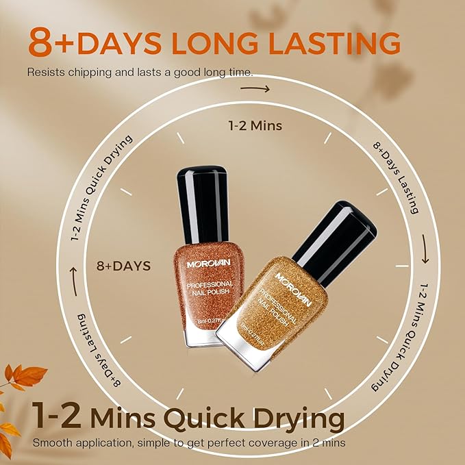 Morovan Fall Nail Polish Set: 6 Gold Maple Leaf Nail Polish Kit 2025 Glitter Autumn Fingernail Pumpkin Yellow Burnt Orange Art Quick Dry Nail Regular Mini Bulk Manicurist Women Girls Gift