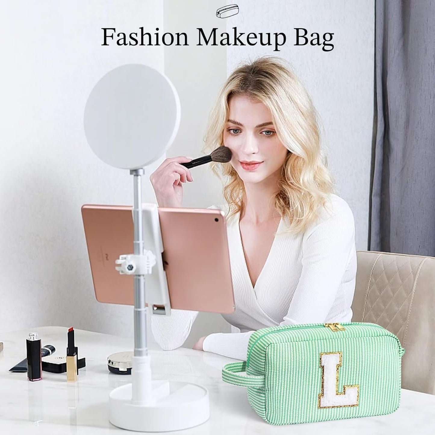 YOOLIFE Makeup Bag - Monogram Cosmetic Bags, Travel Toiletry Bag, Cute Pouch Makeup Case, Personalized Green Bags for Women