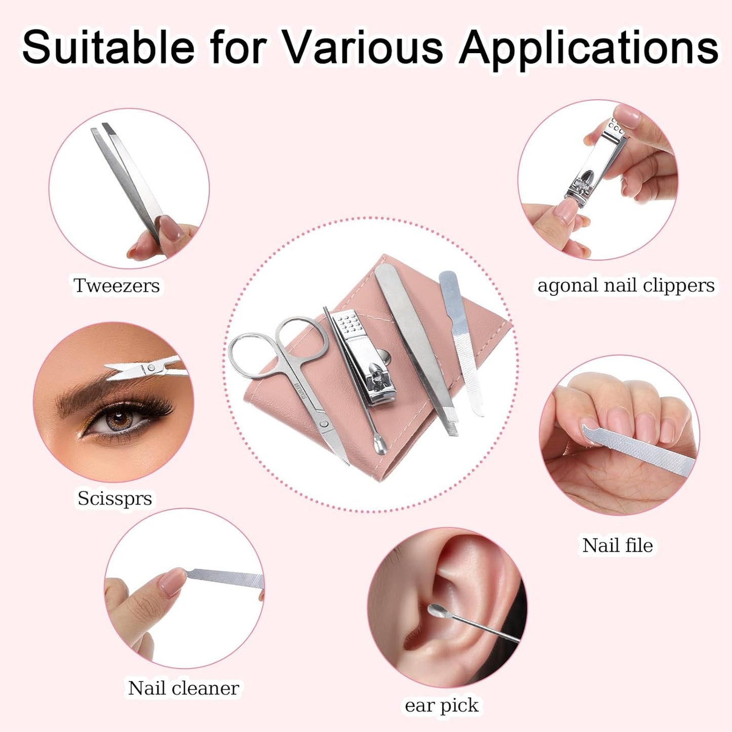 Travel Manicure Set 5 Pieces Nail Kit for Beginners with Everything Stainless Steel Mini Nail Clippers Scissor Tweezers Professional Grooming Kits for Women Men (Pink Silver)