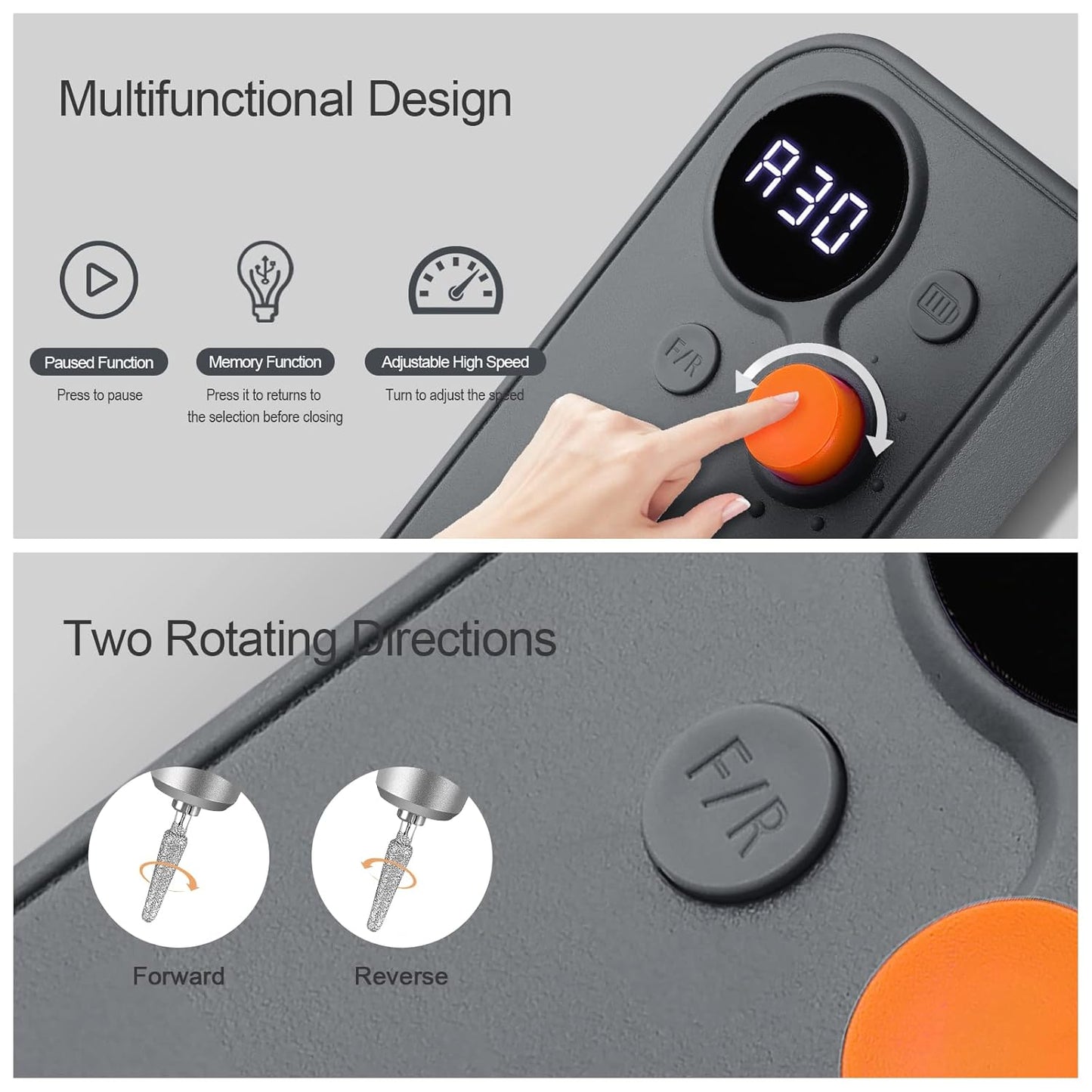 Professional Portable Nail Drill, 30000RPM Rechargeable Electric Nail File Machine for Acrylic Nails Gel Polishing Removing,Cordless E File Nail Drill Machine with Bits for Manicure Salon Home, Gray