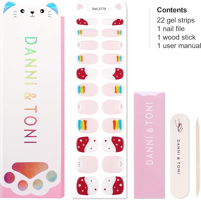 DANNI & TONI Kids Gel Nail Strips Rainbow Rabbit Salon-Quality Peel & Stick Manicure for Children (Age 6+)– Safe, Long-Lasting, Easy to Apply |Rainbow Pop
