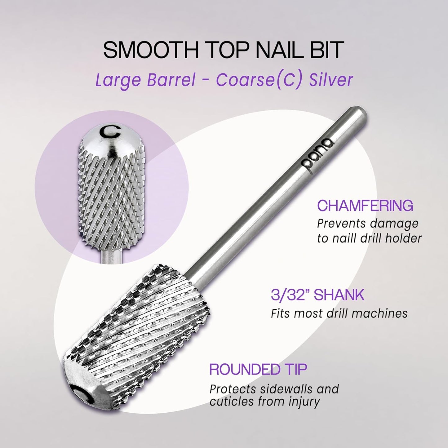 PANA 3/32" Large Smooth Round Top Safety Carbide Nail Drill Bit for Gel Polish & Acrylic Removal Nail Salon Manicure Pedicure Electric File Tools (Large Barrel - Silver, Coarse)