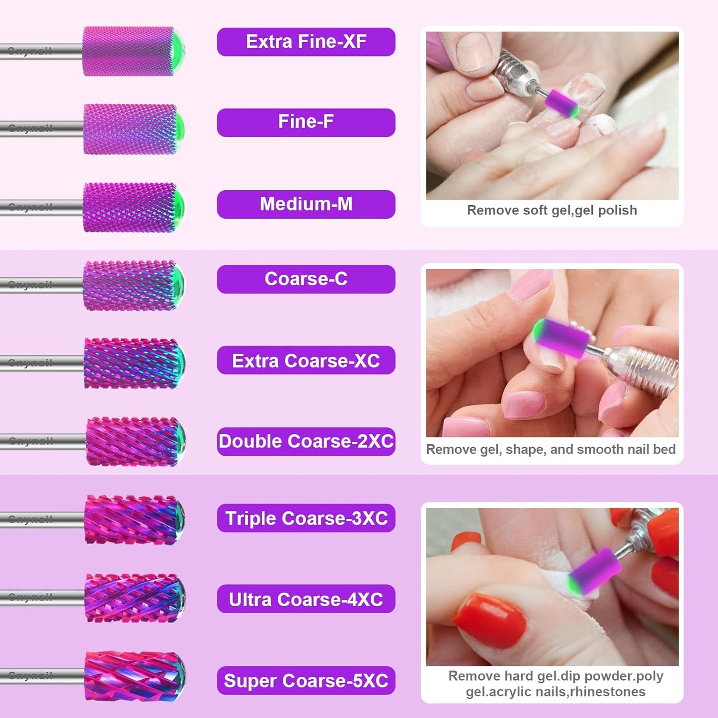 3/32" 2PCS Large Barrel Smooth Round Top Tungsten Carbide Nail Drill Bit Safety Bit for Gel & Acrylic Removal, 2-Way Rotating Efile Tip, Salon Electric File Accessory (XF Grit, Purple)