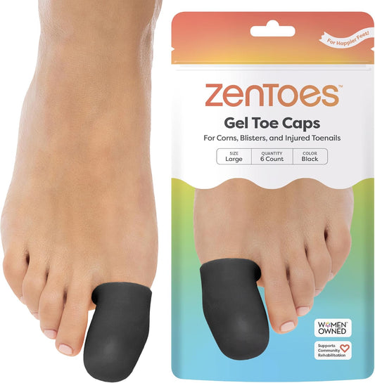 ZenToes 6 Pack Gel Toe Cap and Protector - Cushions and Protects to Provide Relief from Missing or Ingrown Toenails, Corns, Blisters, Hammer Toes (Large, Black)