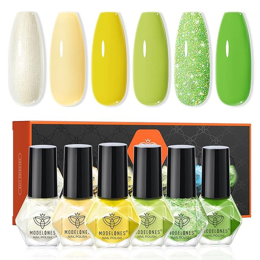 modelones Green Nail Polish, 6 Colors Yellow White Glitter Quick Dry Nail Polish Set Mini Finger Long Lasting Fast Drying Manicure DIY Nail Art Home Salon Gift For Women Girls