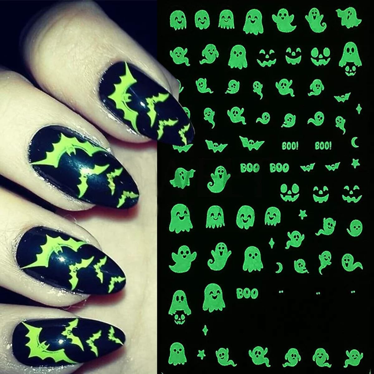 Halloween Nail Art Stickers Decals 3D Cute Luminous Ghost Nail Stickers 6PCS Glow in The Dark Bat Boo Ghost Design Halloween Nails Adhesive Sticker Manicure Nail Art Supplies for Nail Decorations