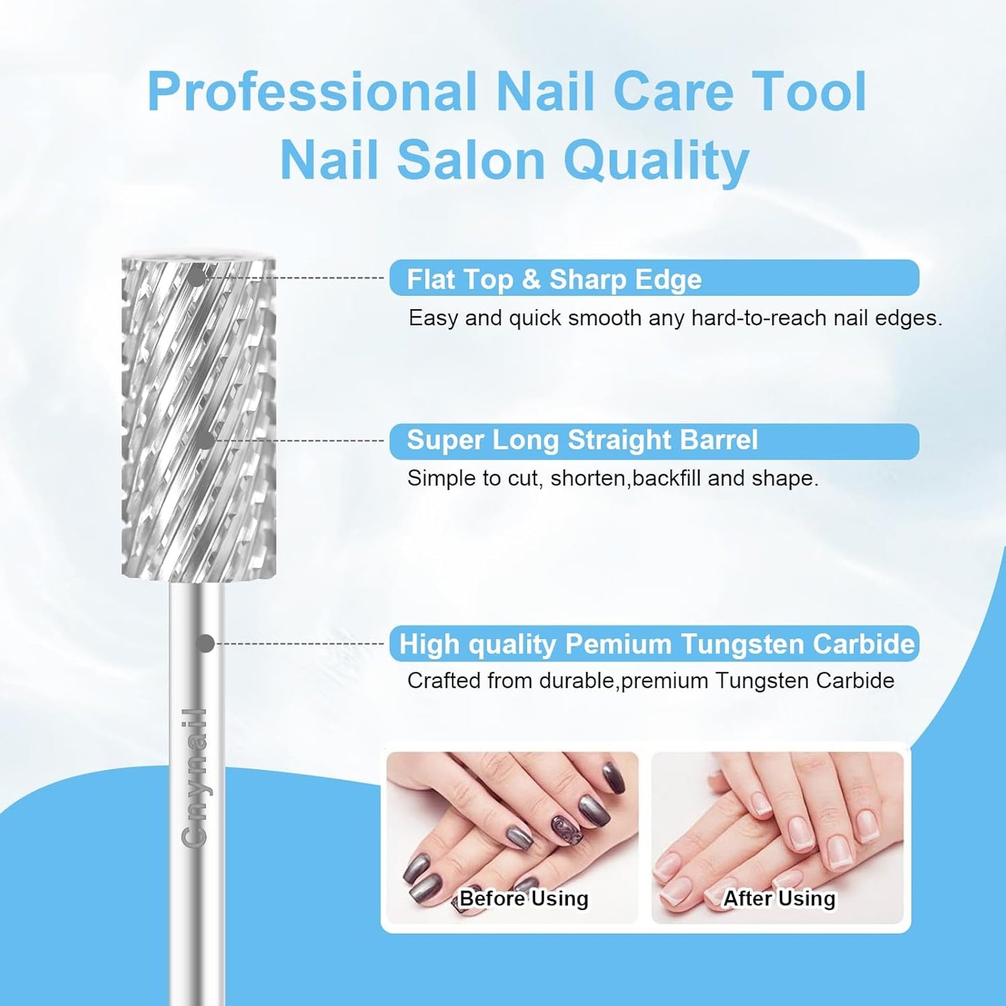3/32" Large Barrel Bit Tungsten Carbide Nail Drill Bit Safety Bit for Gel & Acrylic Removal, 2- Way Rotating Efile Tip, Salon Electric File Accessory (2XC Girt, Silver)