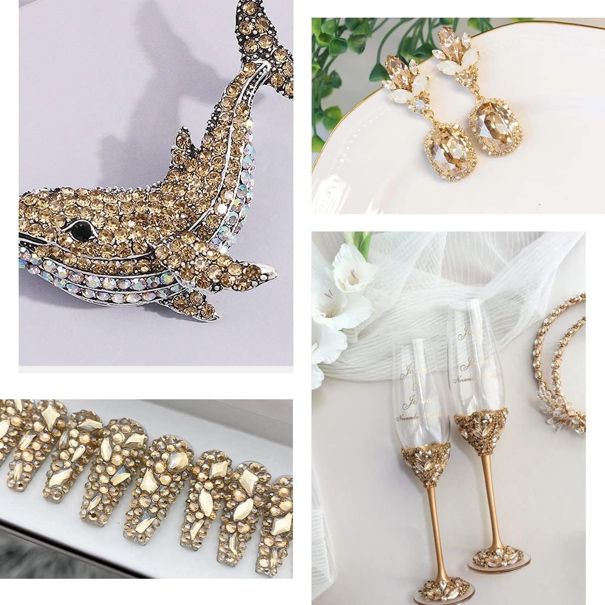 2550pcs Champagne Golden Nail Art Flatback Rhinestones for Face Makeup Gold Nail Gems Gemstones K9 Glass SS4~SS20 6 Sizes Bling Diamonds Stones w Tweezer & Picking Pen for Nails DIY Craft