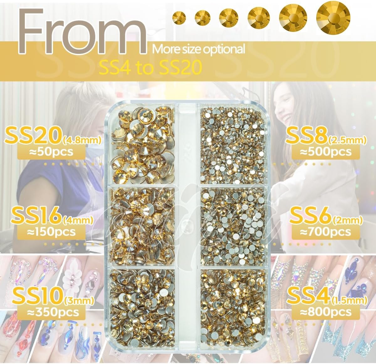 2550pcs Champagne Golden Nail Art Flatback Rhinestones for Face Makeup Gold Nail Gems Gemstones K9 Glass SS4~SS20 6 Sizes Bling Diamonds Stones w Tweezer & Picking Pen for Nails DIY Craft