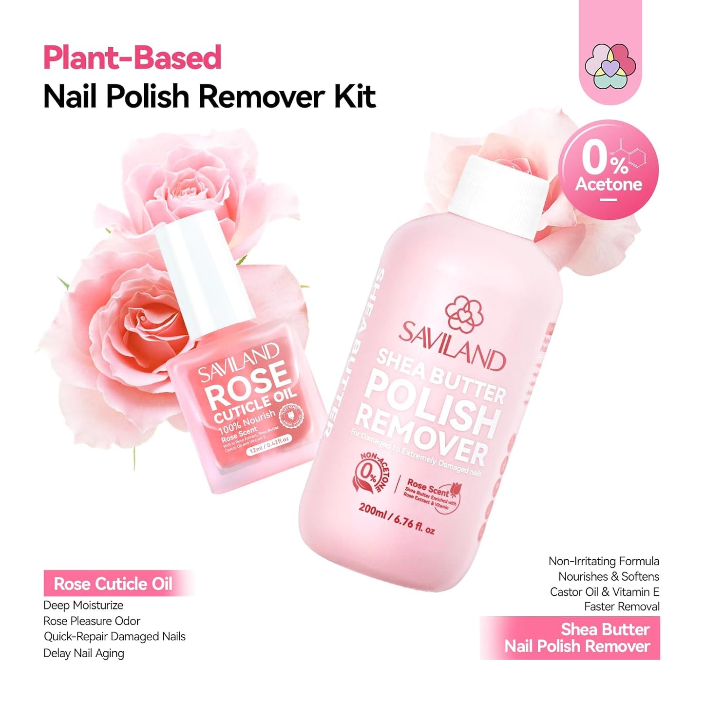 SAVILAND Plant-Based Nail Polish Remover Kit: 6.76 fl.oz Non Acetone Fingernail Polish Remover Shea Butter Nail Remover with Castor Oil VE Cuticle Oil & Nail Removal Tools for All Nail Polish Types
