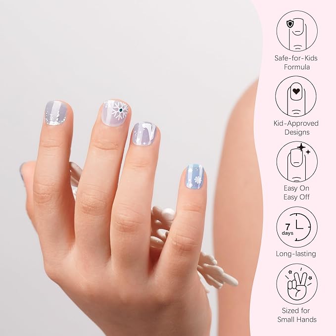 DANNI & TONI Kids Gel Nail Strips Snowman Snowflakes Blue Salon-Quality Peel & Stick Manicure for Children (Age 6+)– Safe, Long-Lasting, Easy to Apply |Ice Whisper