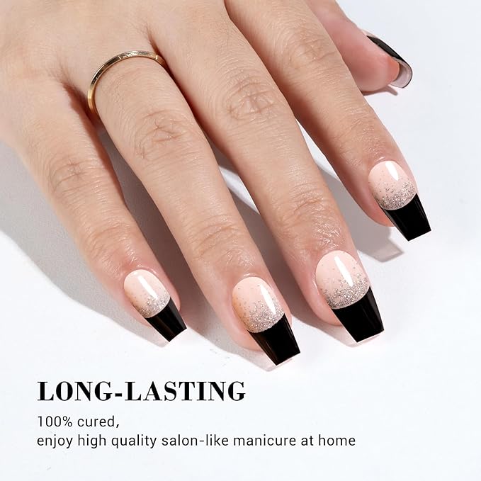 MelodySusie 30PCS Semi Cured Gel Nail Strips (Bling Black French Tips), Works with Nail lamp, Salon Quality, Long Lasting, Easy to Apply and Remove, Includes 2 Prep Pads, Nail File and Wooden Stick
