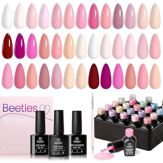 Beetles Pink Gel Nail Polish – Dare to Bare Gel Polish Set, 20 Color Soak off Uv Led Manicure Kit with 3Pcs Base Coat Matte Glossy for DIY Manicure Gift for Women