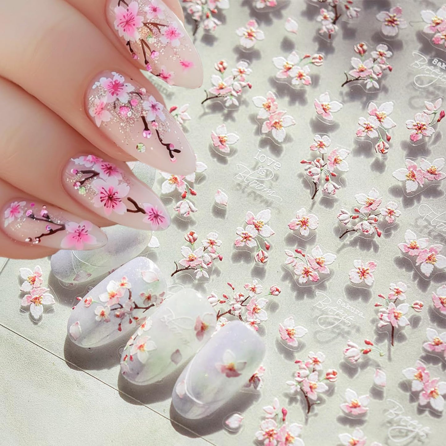 5D Embossed Flower Nail Art Stickers Cherry Blossoms Nails Decals White Pink Sakura Floral Nail Stickers Spring Summer Nails Design Flower Supplies for Women DIY Manicure Decoration Accessories 1Pcs