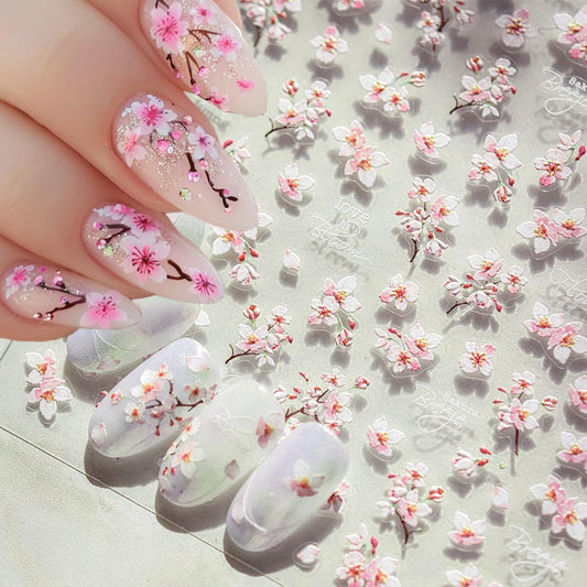 5D Embossed Flower Nail Art Stickers Cherry Blossoms Nails Decals White Pink Sakura Floral Nail Stickers Spring Summer Nails Design Flower Supplies for Women DIY Manicure Decoration Accessories 1Pcs