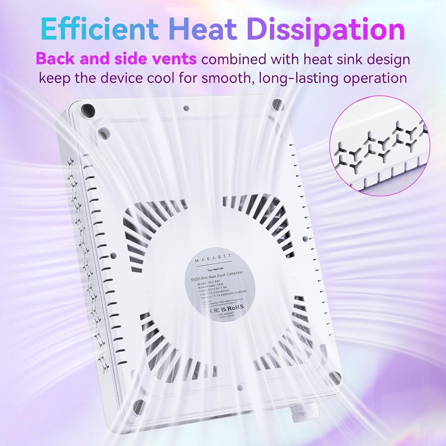 Makartt Nail Dust Collector - Rechargeable Ultra Thin Portable Dust Collector DUSTINA with Digital Display Silicone Wrist Rest and Reusable Filter for Nail Tech Acrylic Gel Polishing