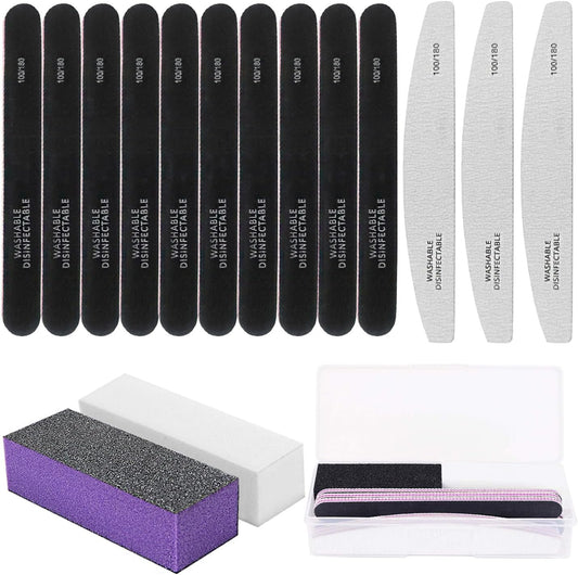 16PCS Nail Files and Buffer with Storage Box,Professional Manicure Pedicure Kit White Buffer Block Reusable 100/180 Grit Nail Files Emery Board Black for Nature Acrylic Nails Home Salon Travel Use