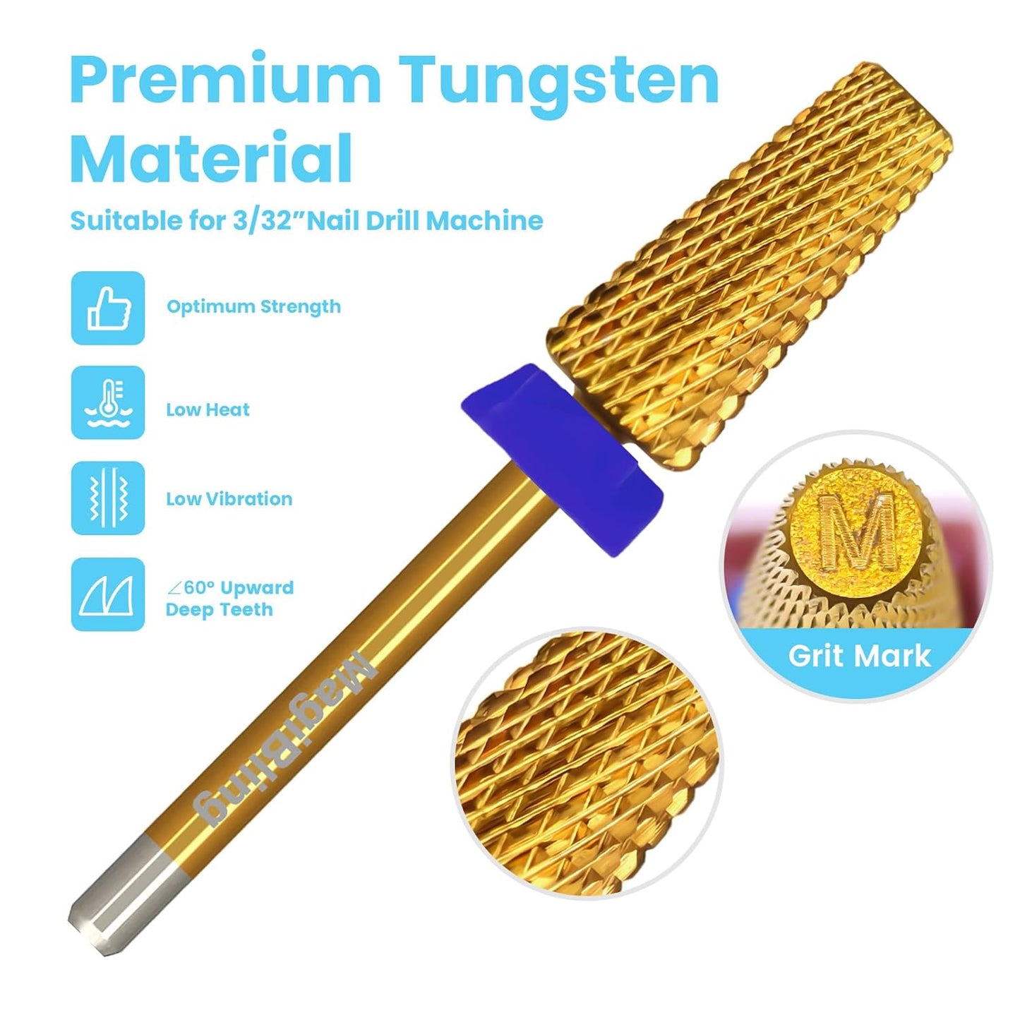 Super Cut Tapered Barrel Nail Drill Bits, 3/32'' Professional Tungsten Carbide Bits, Remove Hard Gel Fast, Right Hand, Suitable for Long Acrylic Nails Gel Polishing, Medium.