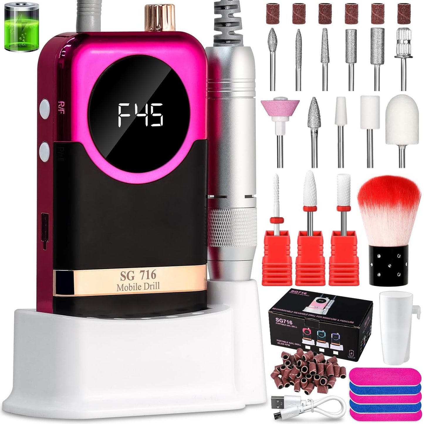 LIMEGIRL Professional Electric Nail Drill Kit 45000RPM Portable Cordless Toenail Cordless Toenail Machine with 14 Drill Bits and Base for Women(Rose Red)