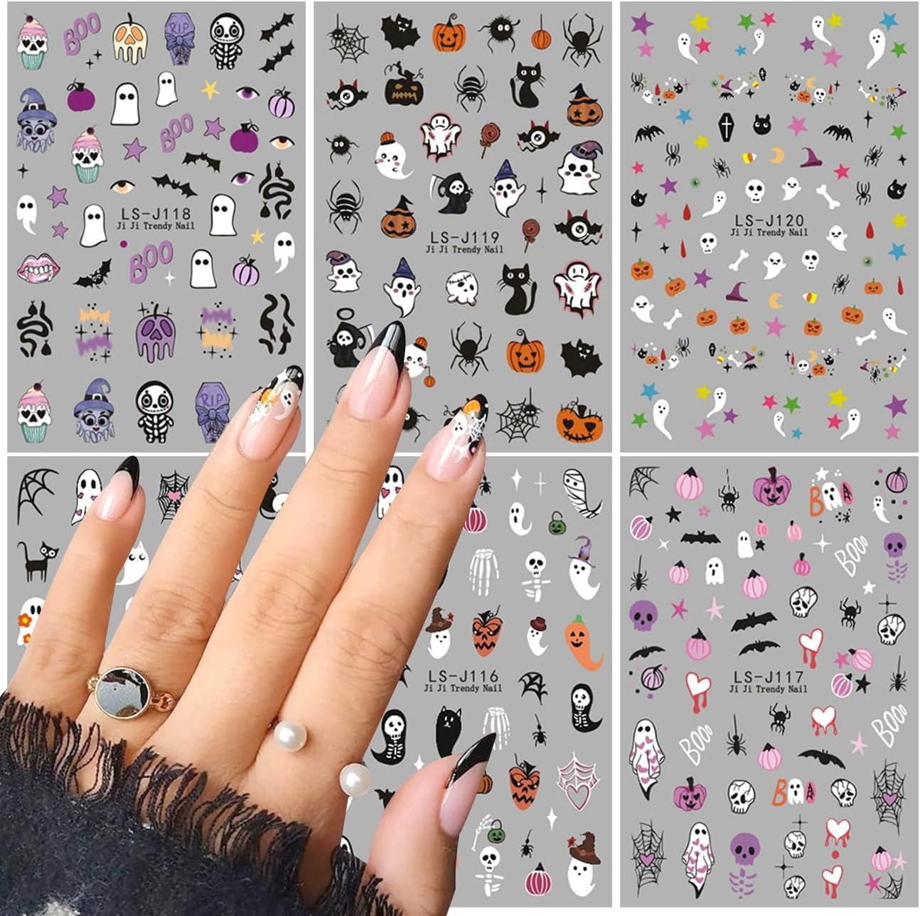 Halloween Nail Decals Self-Adhesive 3D Skull Bat Ghost Spider Design Cute Girls Nail Art Decoration 6PCS