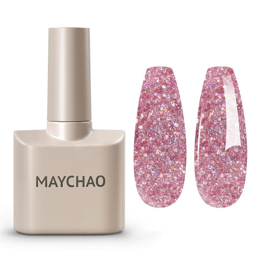 MAYCHAO 15ML Rose Pink Glitter Gel Nail Polish 1Pc Sparkly Pink Glitter Gel Polish Soak Off UV LED Nail Polish Nail Art Starter Manicure Salon DIY at Home, 0.5 OZ