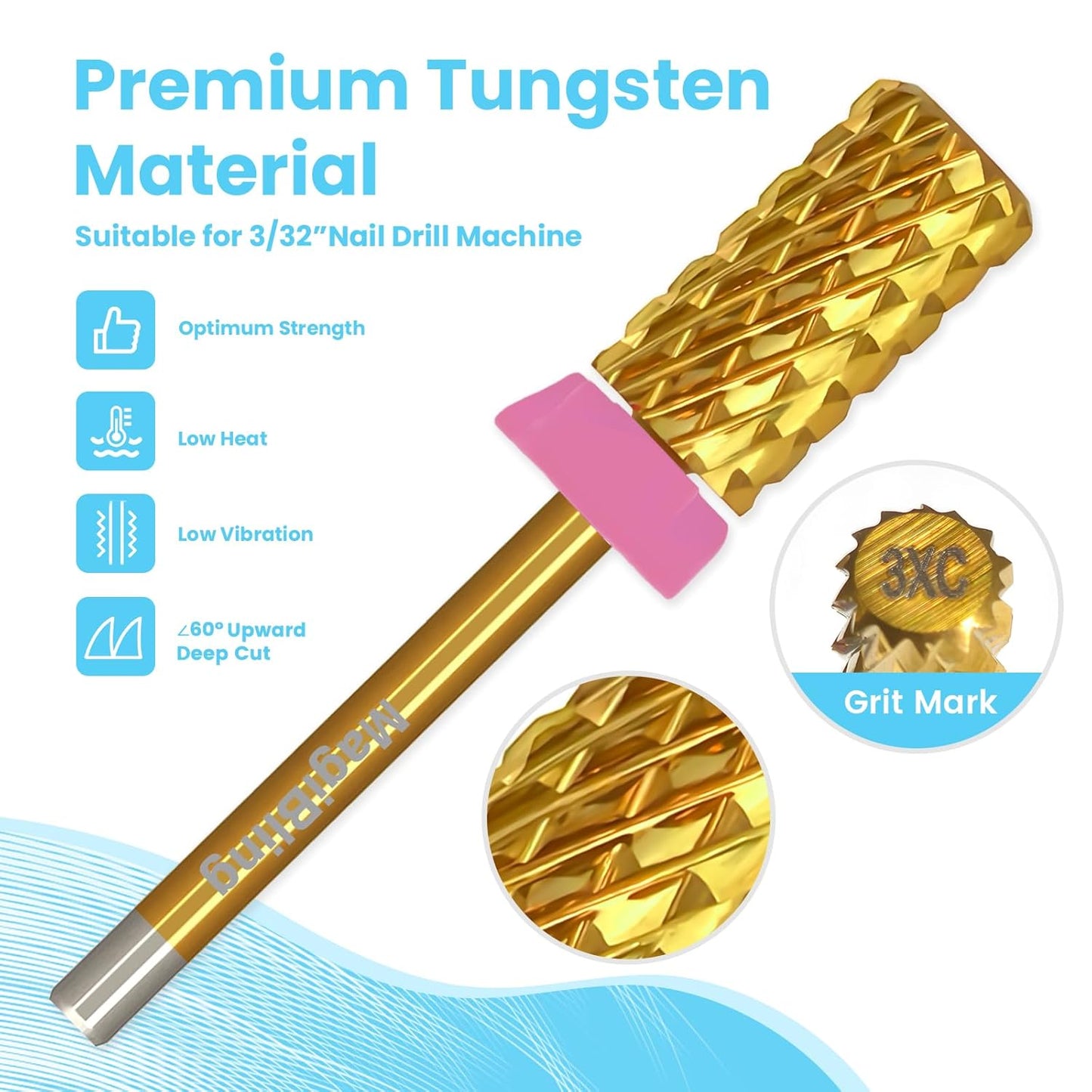 Super Cut Large Barrel Nail Drill Bits, 3/32'' Professional Tungsten Carbide Bits, Remove Hard and Soft Gel Fast, Right Hand Use, Manicure Pedicure Cuticle Gel Polishing, Gold Color, Triple Coarse.