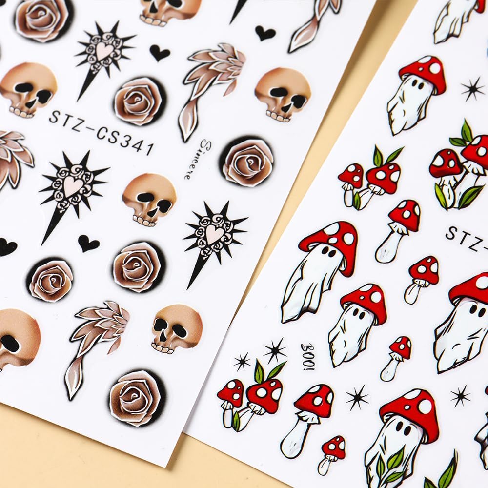 Halloween Nail Art Stickers Decals 3D Skull Mushroom Ghost Halloween Nail Stickers 6PCS Rose Flowers Love Heart Leaf Design3D Self-Adhesive Nail Decals Manicure Supply for Holiday Nail Art Decorations