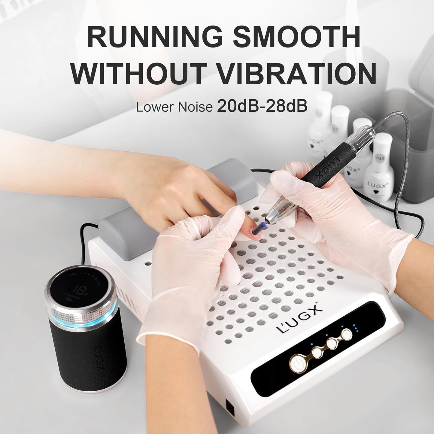 L'UGX Professional Nail Drill, Waterproof 35000RPM Brushless Nail Drill Machine, Rechargeable Nail Efile for Acrylic Gel Nails, Low Noise and Low Vibration, Black