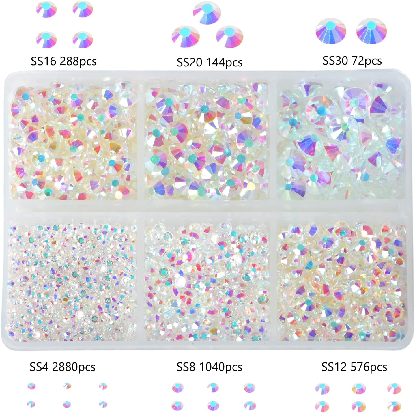 Bymitel 5000 Pieces 6 Mixed Sizes Glue Fix on Glass Rhinestones Round Crystal Gems Flatback for DIY Jewelry Making with one Picking Pen(6-Sizes 5000PCS, Starry Meteor)