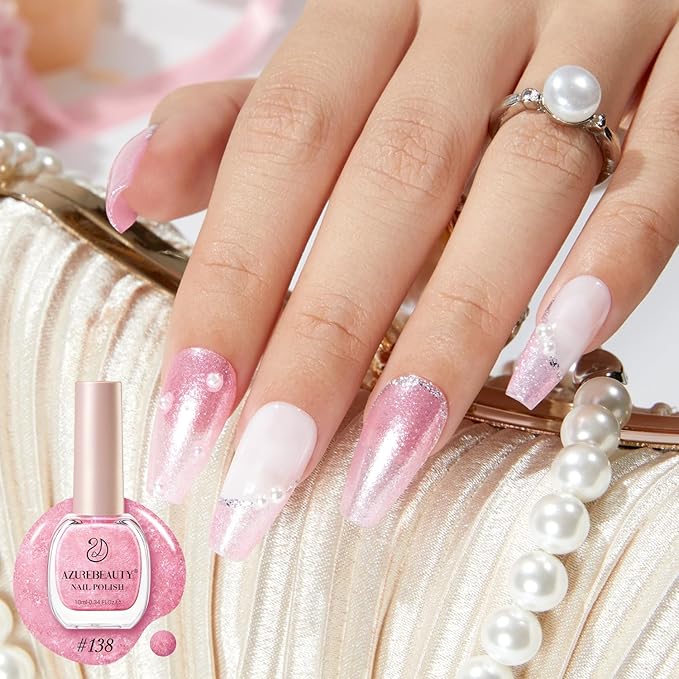 AZUREBEAUTY Glitter Pink Nail Polish no Gel Quick Dry Natural Shine Nail Lacquer Fingernail Polish Salon-Quality for Women 10ml