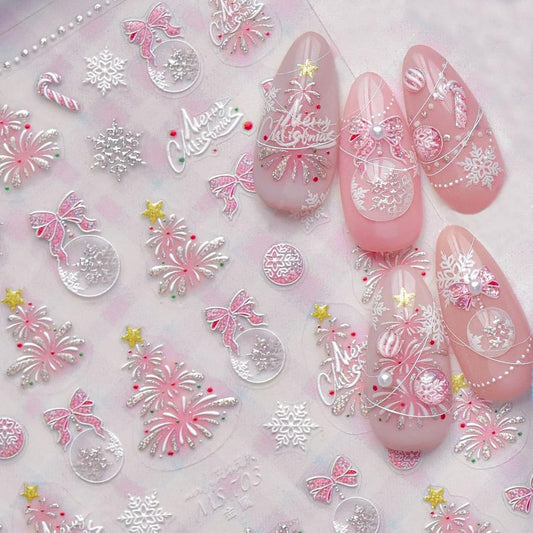 1 Sheets Pink Fireworks Christmas Tree Nail Art Stickers 5D Embossed Christmas Bow Nail Stickers Pink Glitter Snowball Tree Nail Decals Acrylic Nail Supplies for Women Girls DIY Nail Decoration