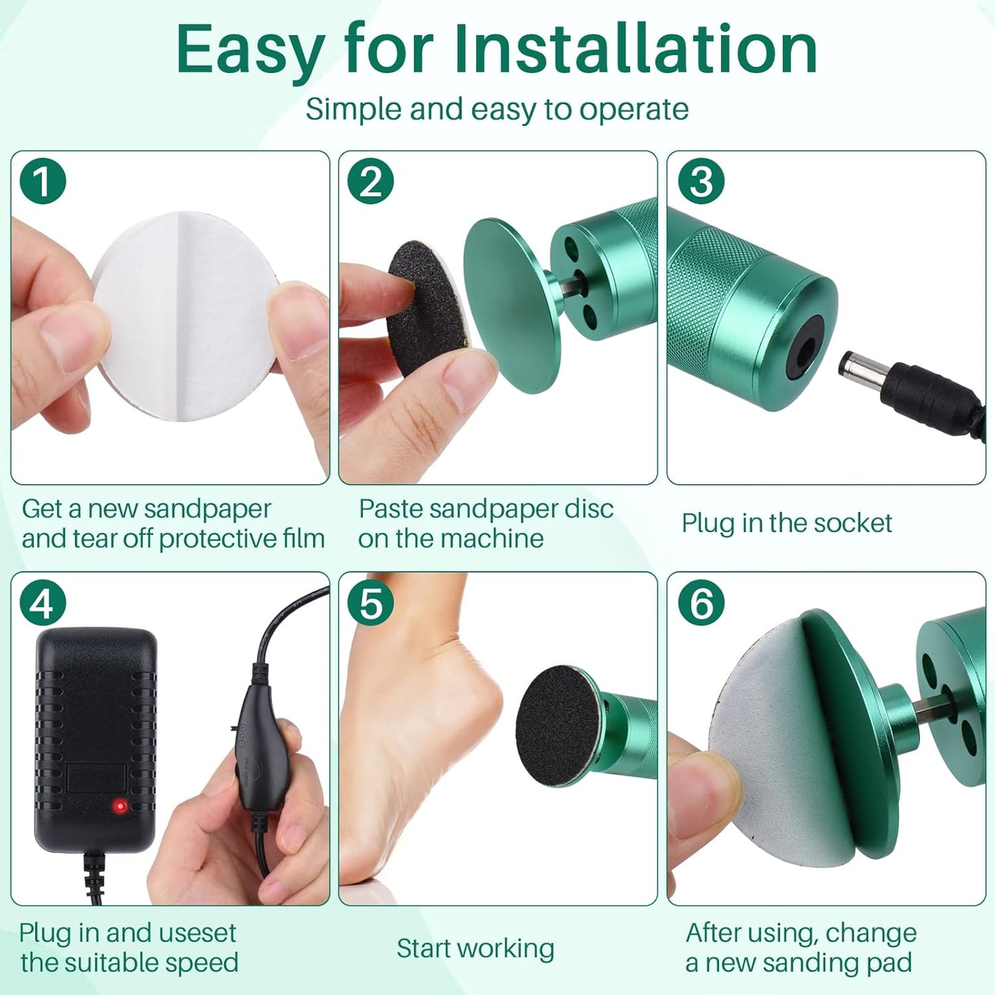 Electric Foot Callus Remover, 2-in-1 Electric Foot Filer/Nail Filer, Callus Remover for Feet with 60Pcs+12Pcs Sandpaper Discs，Holiday Gift Foot Repair Tool, Green