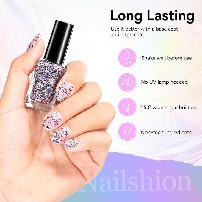Fast Dry Nail Polish, Multicolor Glitter Purple Blue Red Sparkle Fingernail Polish, No UV Lamp Needed, Vegan, Long Lasting Gradient Nail Art DIY Home Travel Manicure Gift