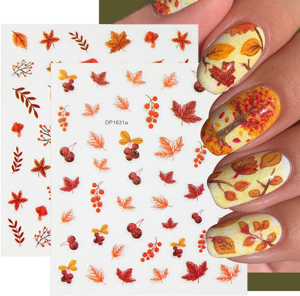 8 Sheets Fall Nail Stickers 3D Self-Adhesive Maple Leaf Nail Art Stickers for Nail Art Pumpkins Leaf Nail Design Autumn Nail Decals Thanksgiving Nail Art Supplies for Women Acrylic Nails Decoration