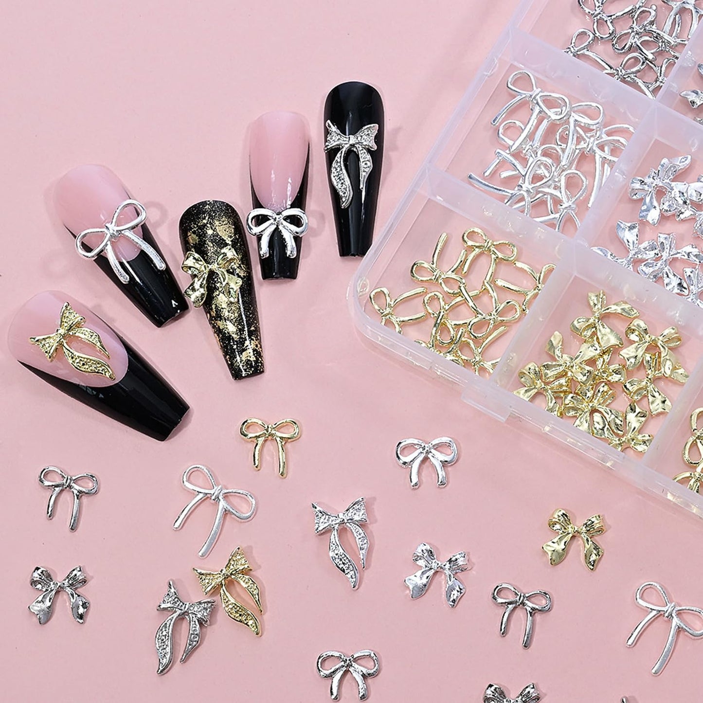 96Pcs/Box 3D Metal Bow Nail Art Charm Gold/Silver Alloy Bows Nail Charm for Nails Art 3D Alloy Bow Tie Jewelry Nail Rhinestone Kawaii Nail Crafts Decor DIY Accessories Manicure Designs Supplies