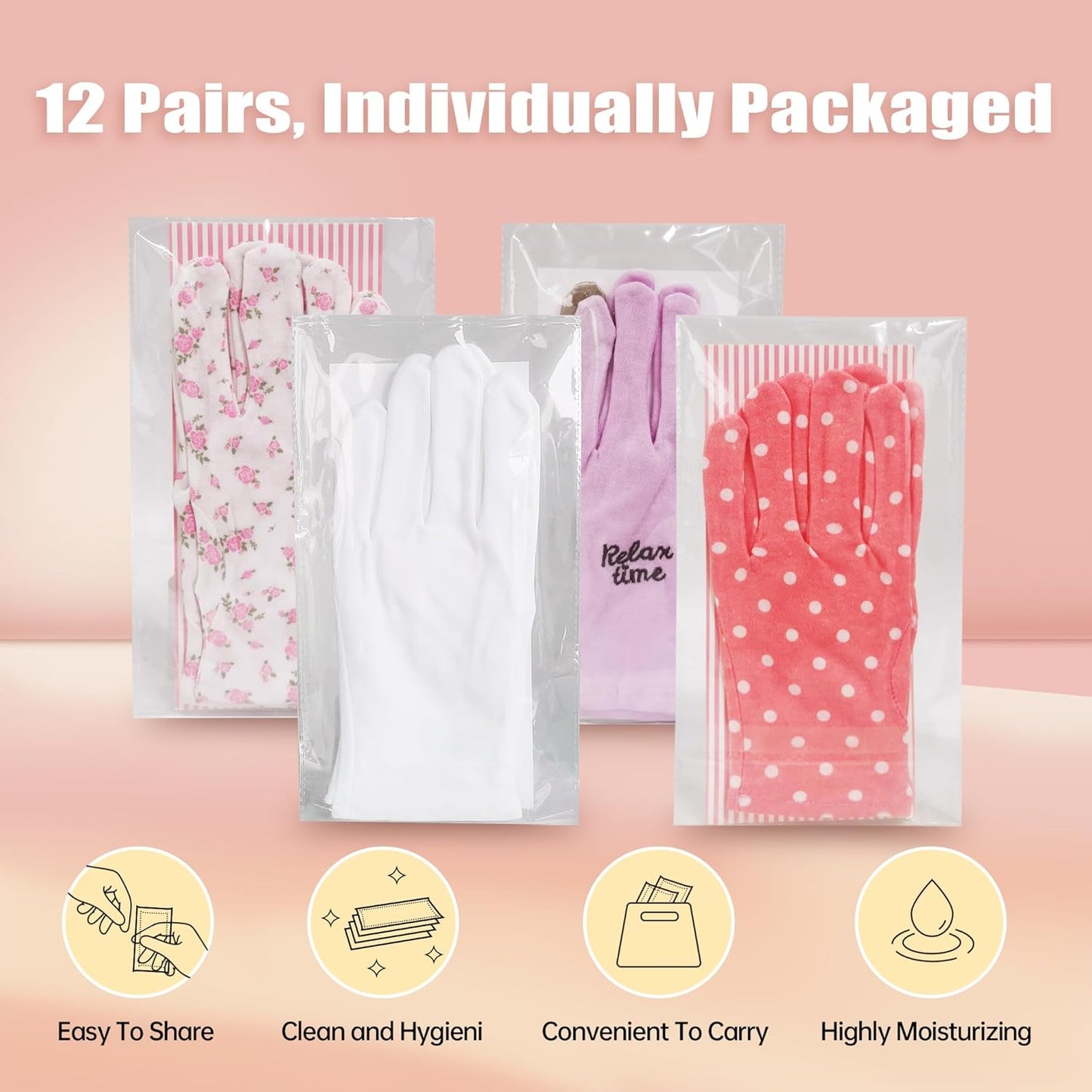 HandLove Premium 100% Cotton Gloves | Moisturizing Gloves for Dry Hands & Eczema | Overnight Sleeping Gloves, Eczema Gloves | White Floral Dots, 12 Pairs