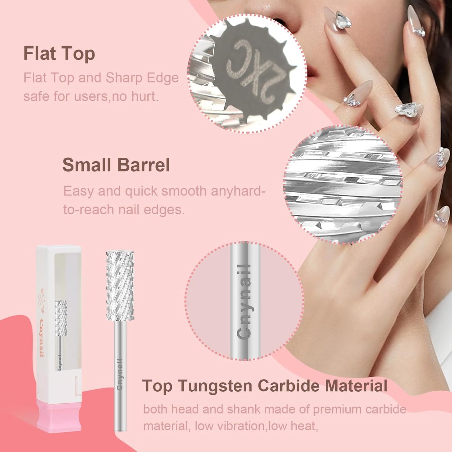 3/32" 5.35MM Small Barrel Flat Top Bit Tungsten Carbide Nail Drill Bit Safety Bit for Gel & Acrylic Removal, 2-Way Rotating Efile Tip, Salon Electric File Accessory (2XC Grit, Silver)