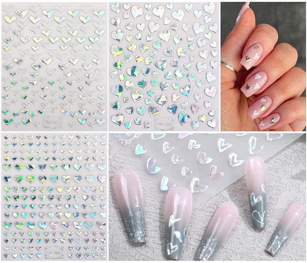 9 Sheets Heart Nail Art Stickers - Metallic Nail Decals 3D Valentine's Day Nail Art Supplies Heart Love Glitter Gold Silver Nail Designs Sticker for Women Girls Valentine’s DIY Manicure Decorations