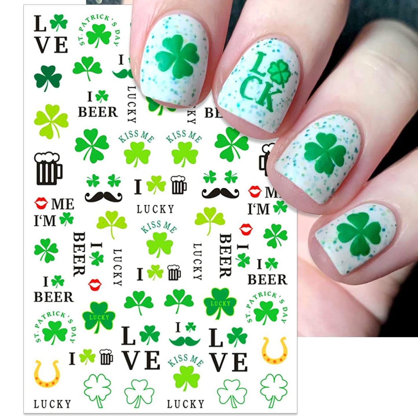St. Patrick's Day Nail Art Stickers, Irish Shamrock Leprechaun Hat 3D Self-Adhesive Nail Decals Lucky Clover Design (5 Sheets)