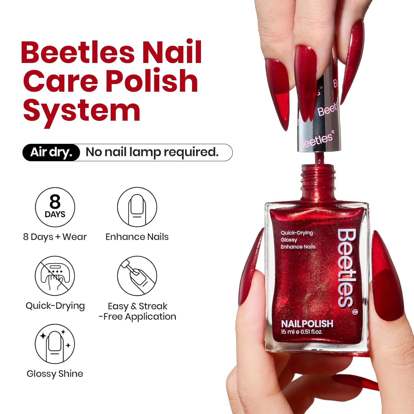 Beetles Red Glitter Nail Polish - 15ml Ruby Radiance Red, Air-Dry Shimmer for Christmas DIY Manicure