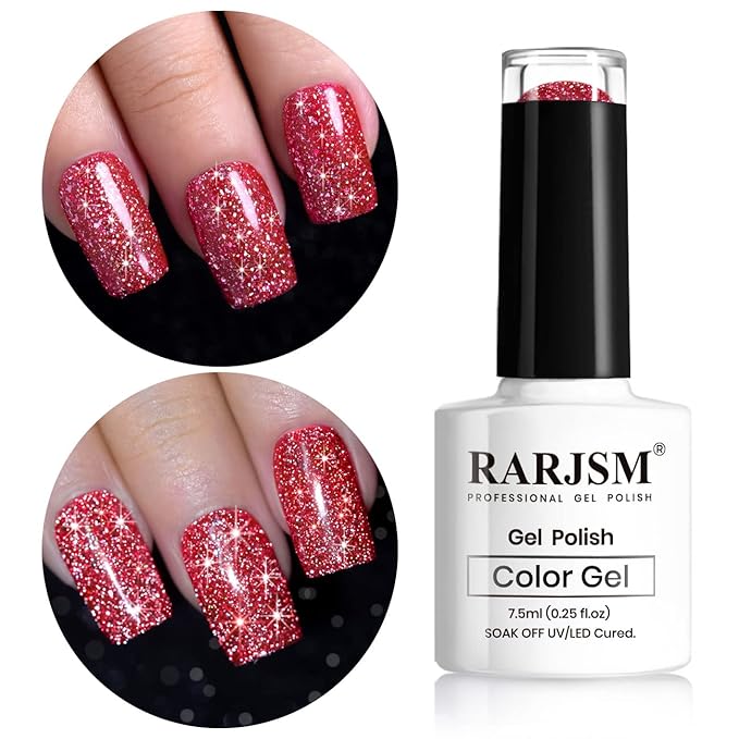 RARJSM Reflective Glitter Gel Polish Red,Glitter Gel Nail Polish Red 7.5ml Holographic Rainbow Iridescent Shimmer L E D U V Soak Off Sparkle Diamond Gelpolish Nail Art Manicure Salon DIY at Home 1pcs