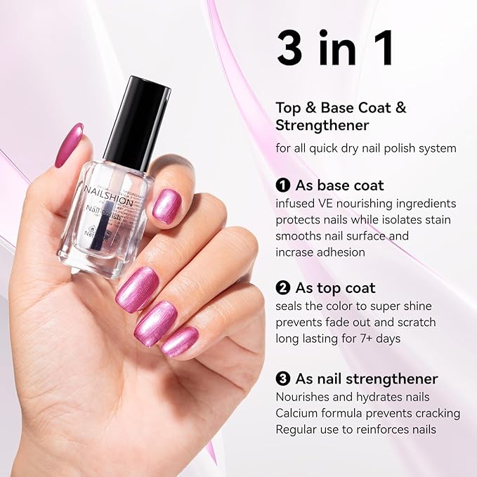 Metallic Purple Rose Nail Polish with Base Top Coat 3-in-1 Clear Fast Air Dry Fingernail Polish Duo, Non-Gel, Nail Strengthener Polishes, Opaque, Glossy Luxury Nail Art Gift for Women Girls