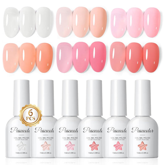 Peacecolor Jelly Gel Nail Polish Set 10ML 6pcs Pink Nude White Sheer Transparent Colors Soak Off Gel Polish Nail Art Manicure Gifts for Women Salon DIY at Home