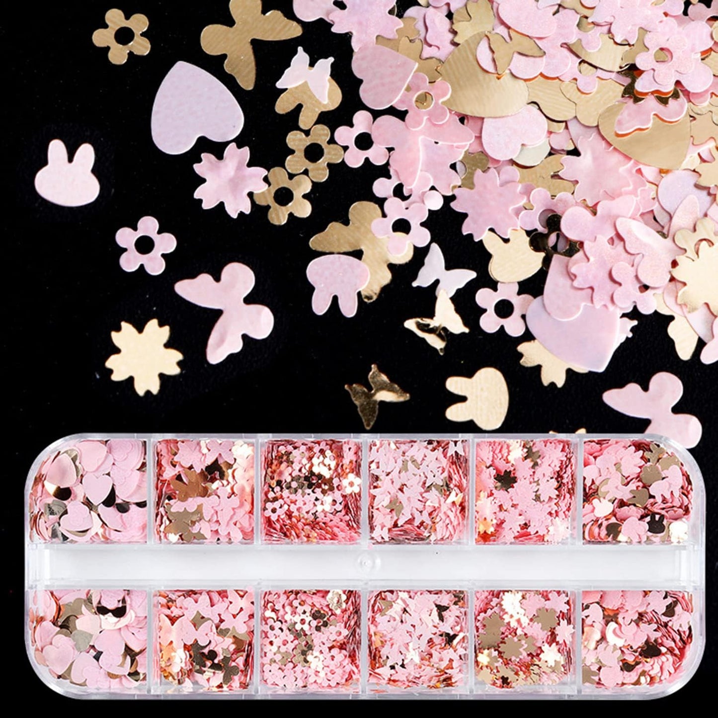 Nail Art Glitter Flakes, Mixed Love Heart Butterfly Flowers Leaf Rabbit Nail Sequins Designs, 3D Glitter Acrylic Nails Supplies for Women Girls Manicure Sparkly Decorations, DIY Resin Nail Art Tips