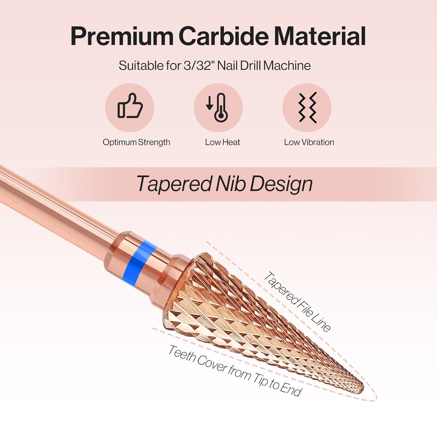 MelodySusie Professional Tapered Nib Nail Drill Bit, 3/32'' Carbide Tungsten Multi-function Bit, Suitable for Manicure Pedicure Cuticle Gel Polishing, Technicians Bit, Rose Gold, Series Bit-M, Medium