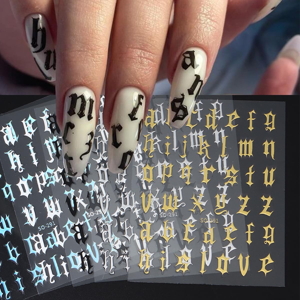 8 Sheets Old English Letters Nail Stickers for Nail Art Personalized Alphabet Nail Art Stickers Decals 3D Self-Adhesive Black White Gold Silver Nails Design Sticker for Women DIY Nail Tips Supplies